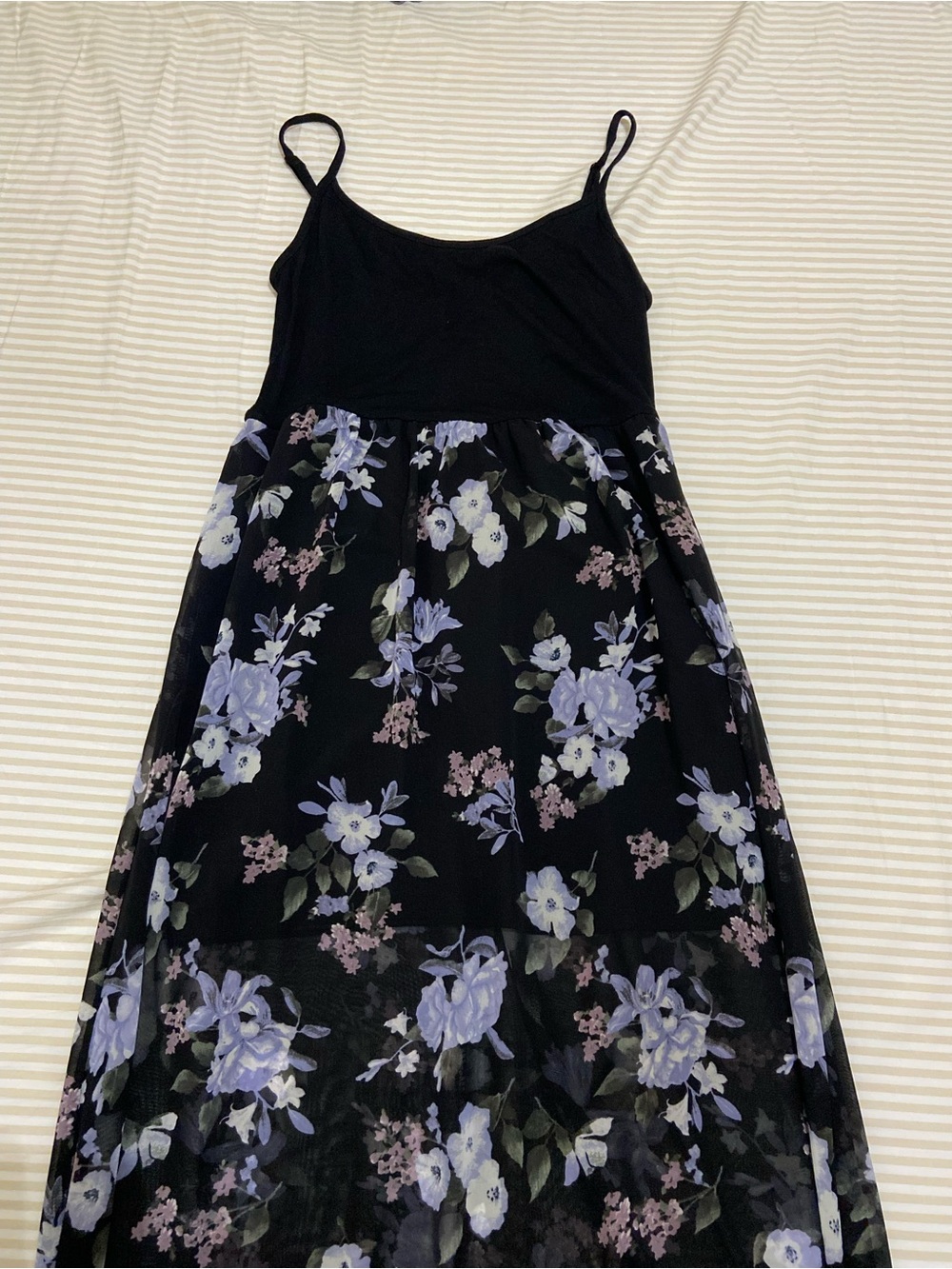 Women’s Black Floral Maxi Dress with Lavender Print and Spaghetti Straps
